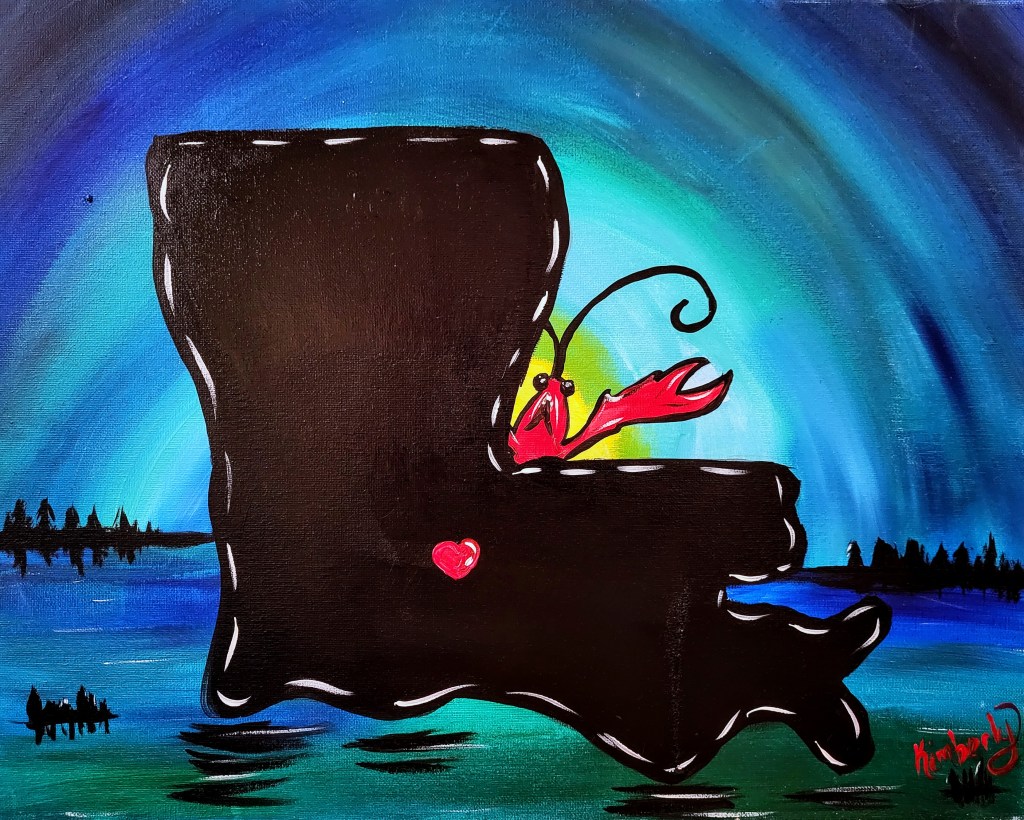 Black Louisiana state silhouette with a red crawfish against a swirling blue background
