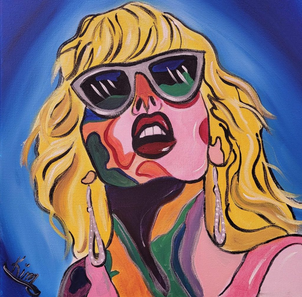 Pop-art portrait of a blonde woman wearing sunglasses against a colorful floral background