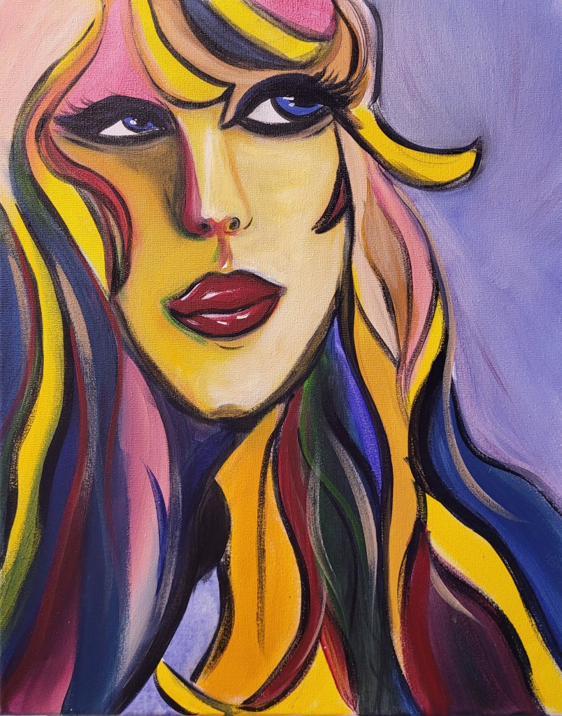 Abstract pop-art portrait of a blonde woman in yellow, pink, purple, and black
