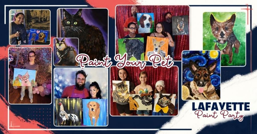 Paint Your Pet collage featuring guests displaying colorful hand-painted portraits of their dogs and cats