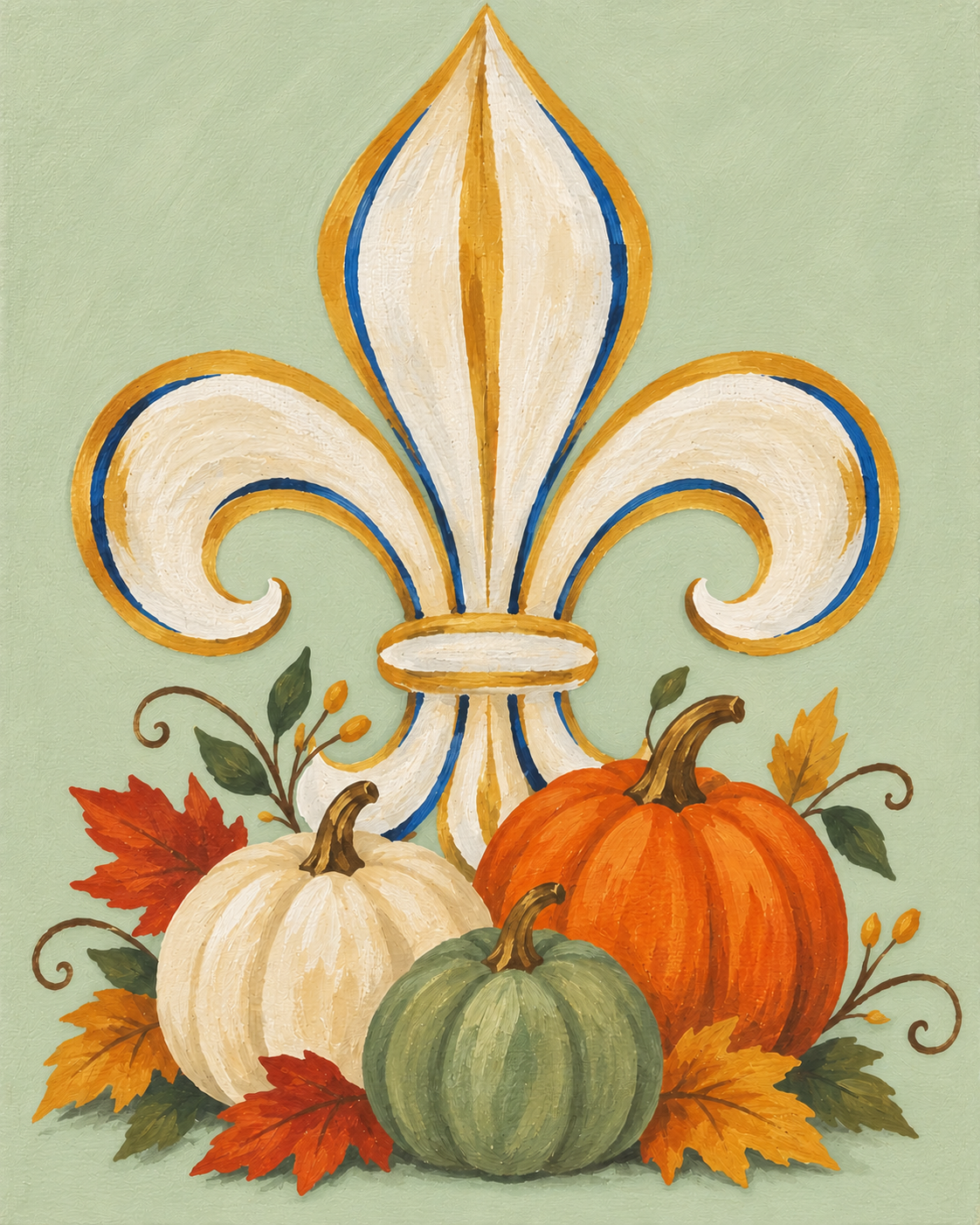 Cream and gold fleur-de-lis acrylic painting with sage, white, and orange pumpkins surrounded by colorful autumn leaves
