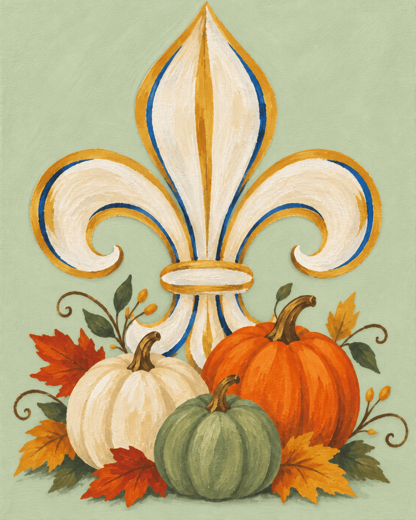 Cream and gold fleur-de-lis acrylic painting with sage, white, and orange pumpkins surrounded by colorful autumn leaves.