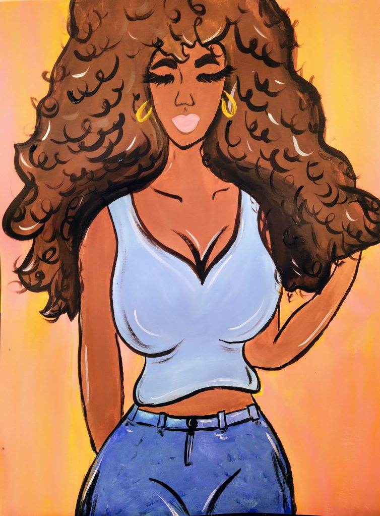 Woman with voluminous curly brown hair wearing a white top