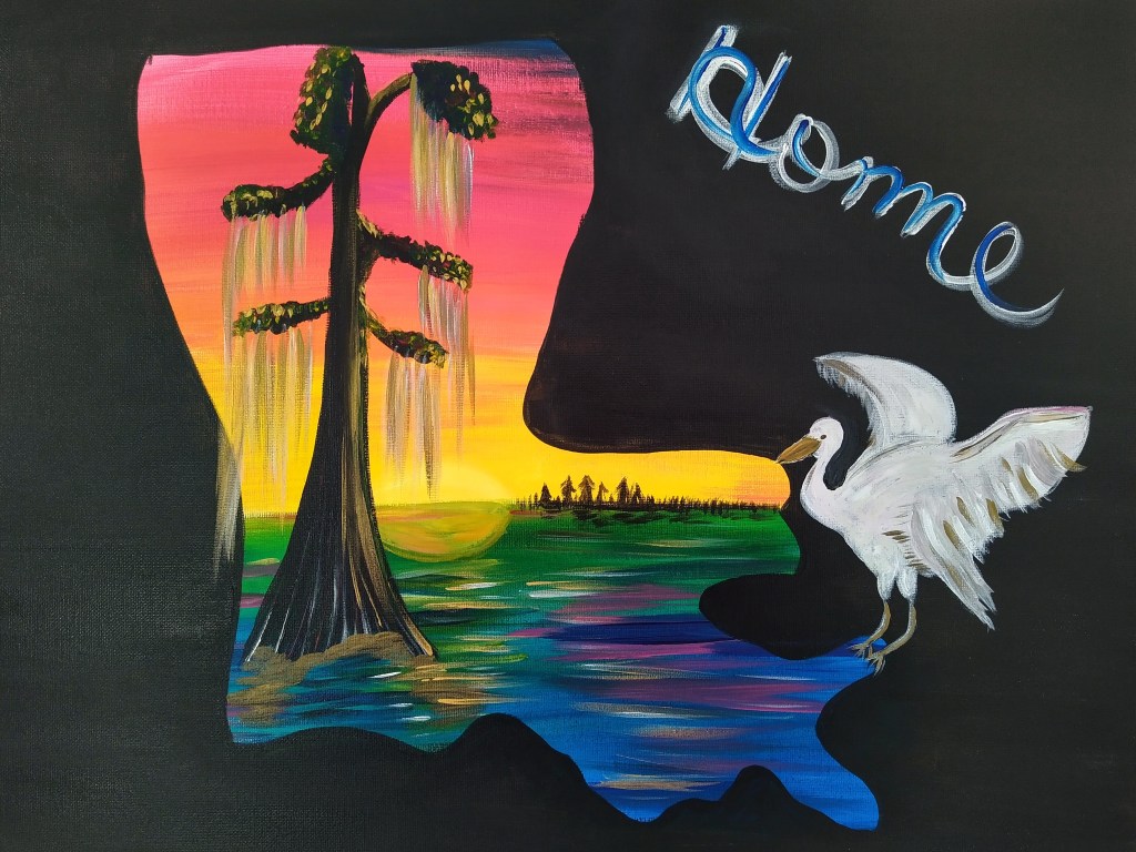 Louisiana-themed painting with a colorful sunset, cypress tree, and the word “home” on a black background