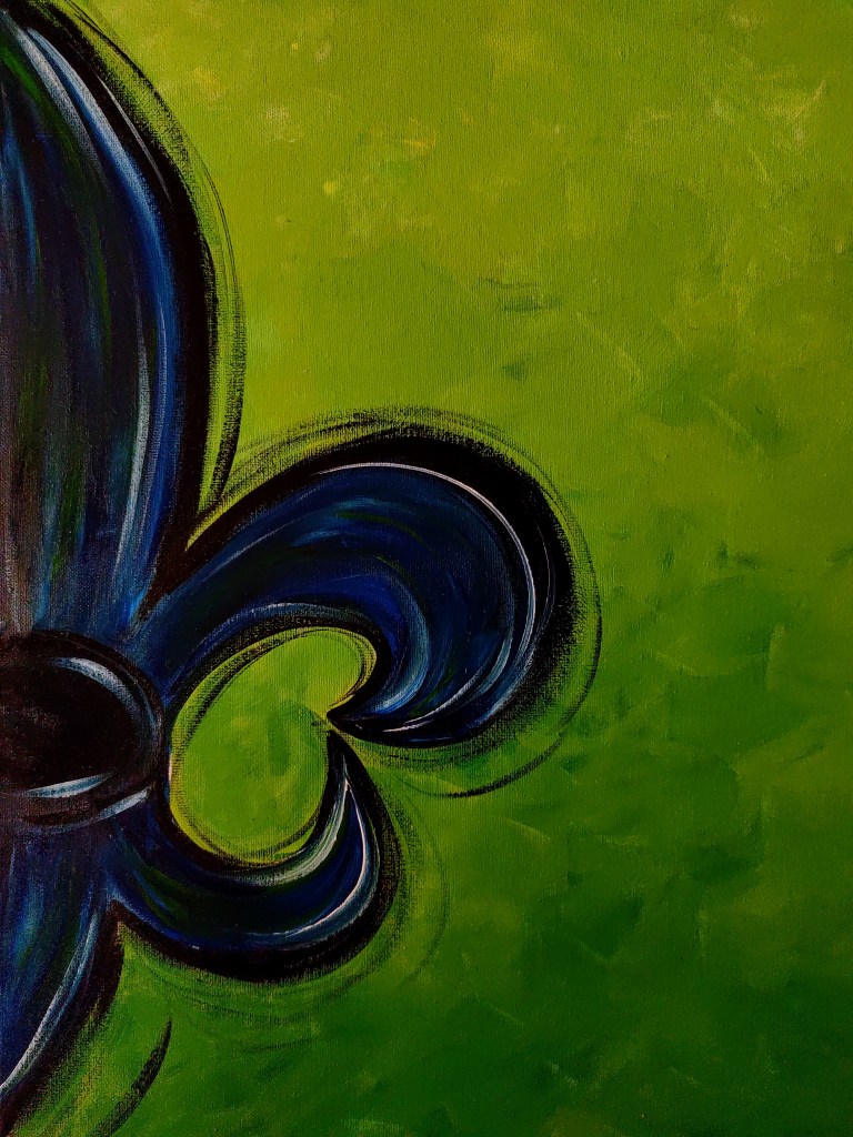 Abstract fleur-de-lis painting in black, blue, and green with bold curved brushstrokes