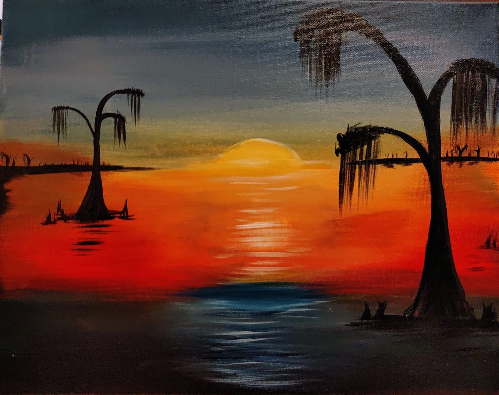 Louisiana bayou sunset painting with silhouetted cypress trees reflected in the water