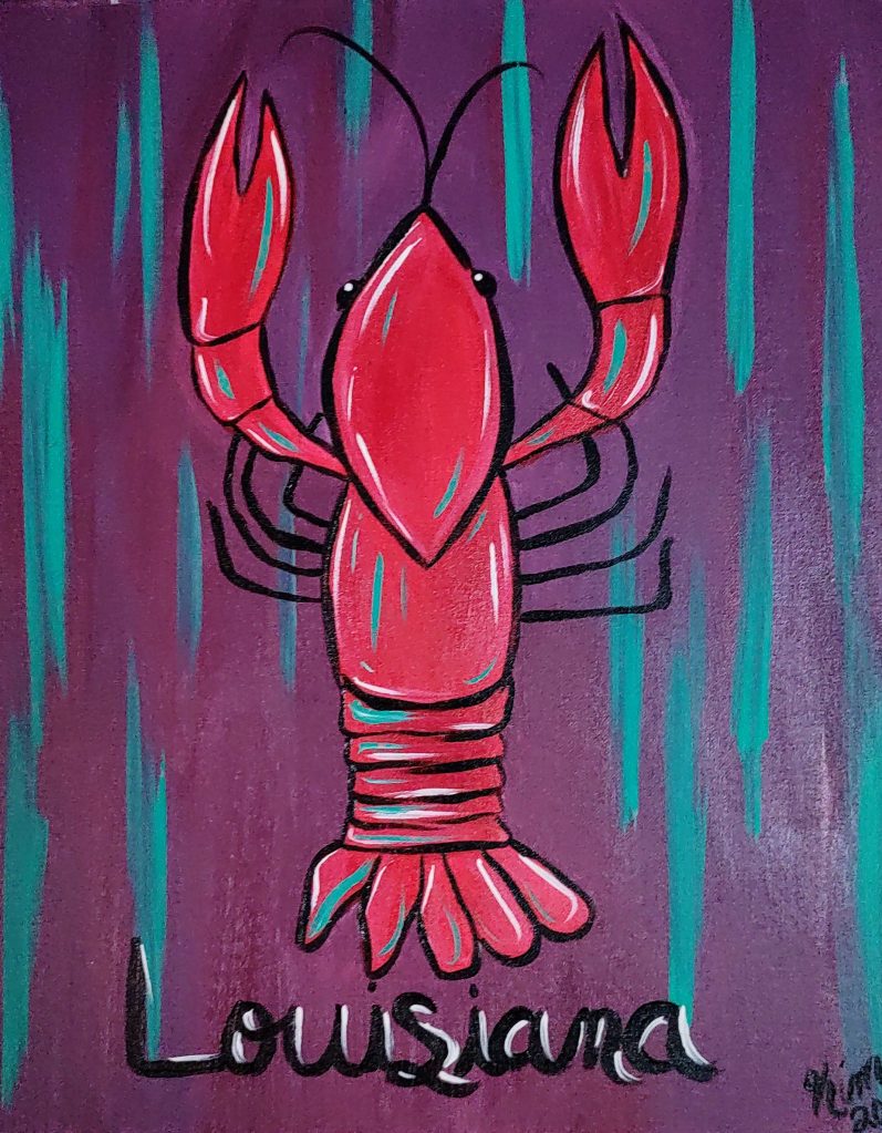 Red Louisiana crawfish painting on a purple and teal abstract background