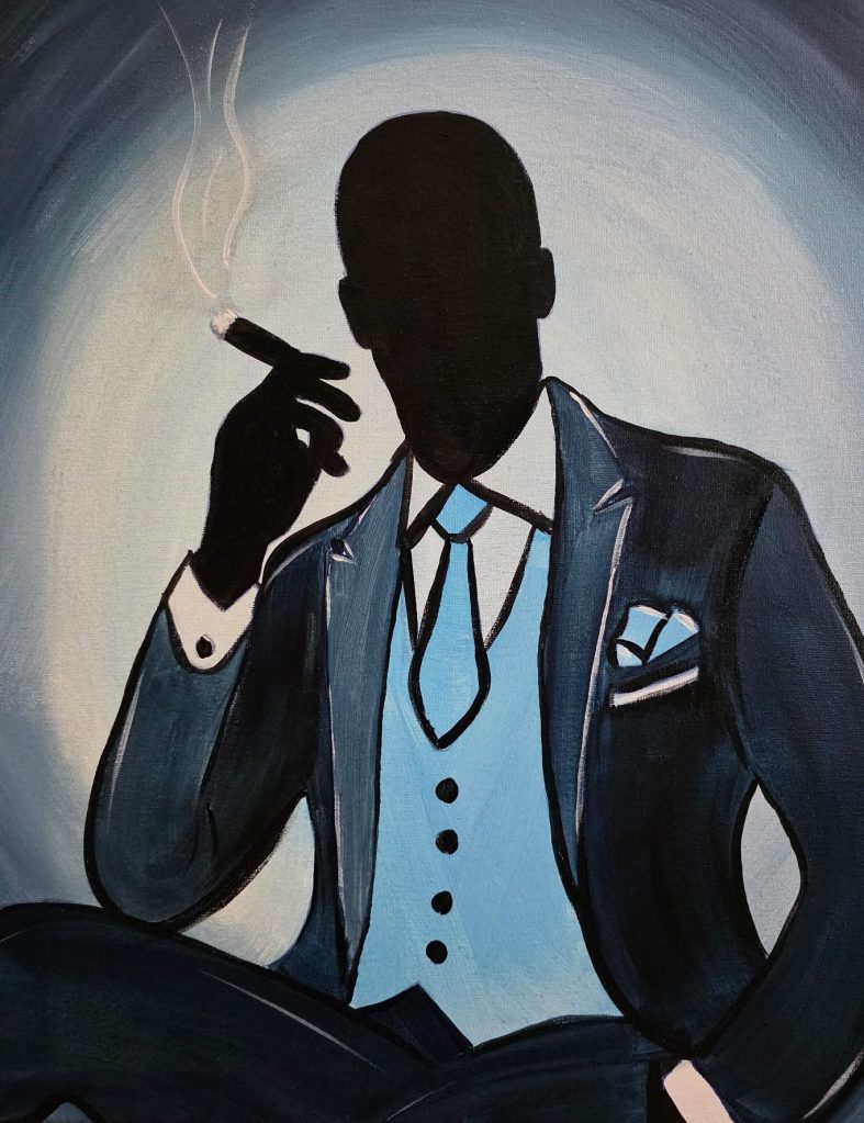 Silhouette of a stylish gentleman wearing a black suit and bow tie