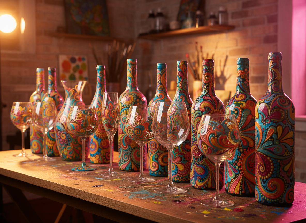 Hand-painted wine bottles and glassware with luminous colorful finishes
