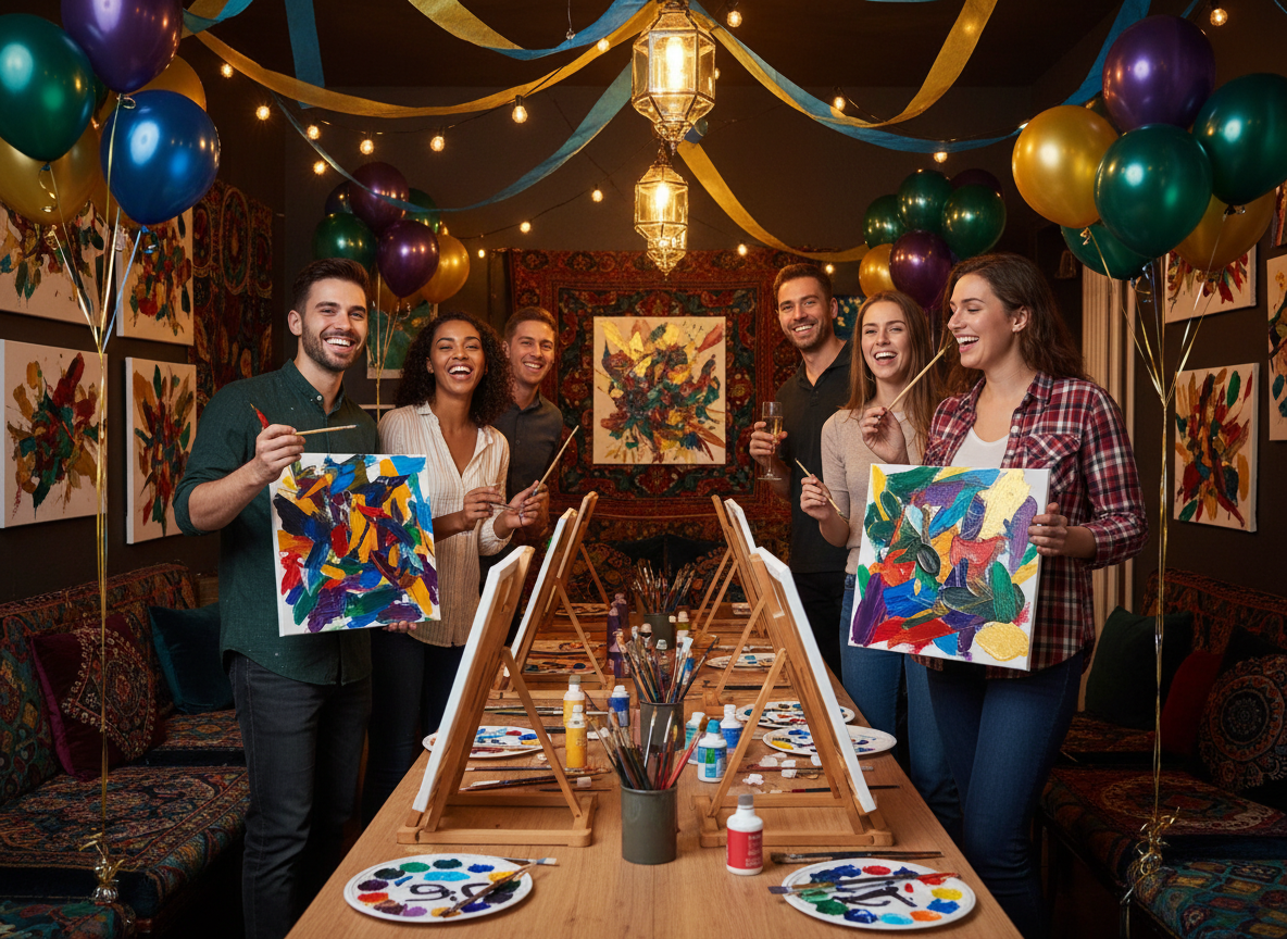 Group of friends celebrating at a private paint party