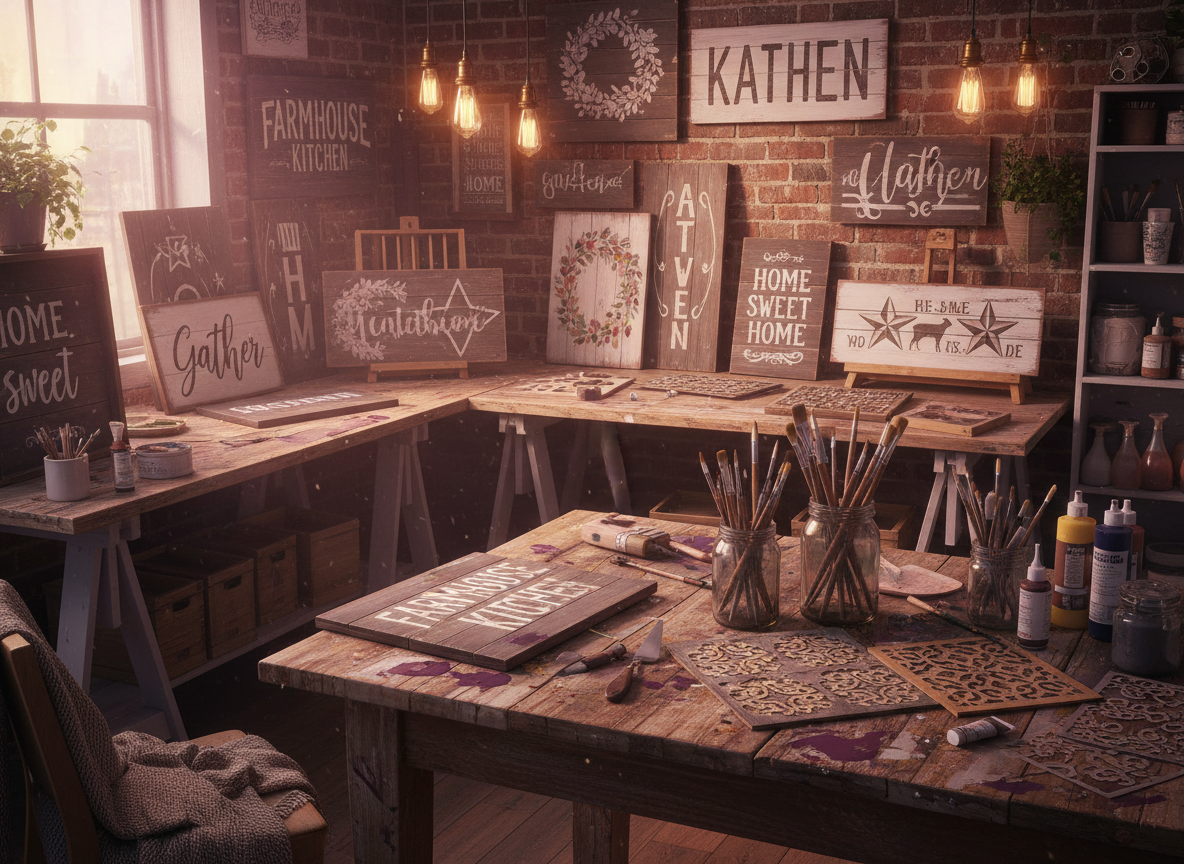 Hand-painted rustic wood signs and farmhouse boards in a craft studio
