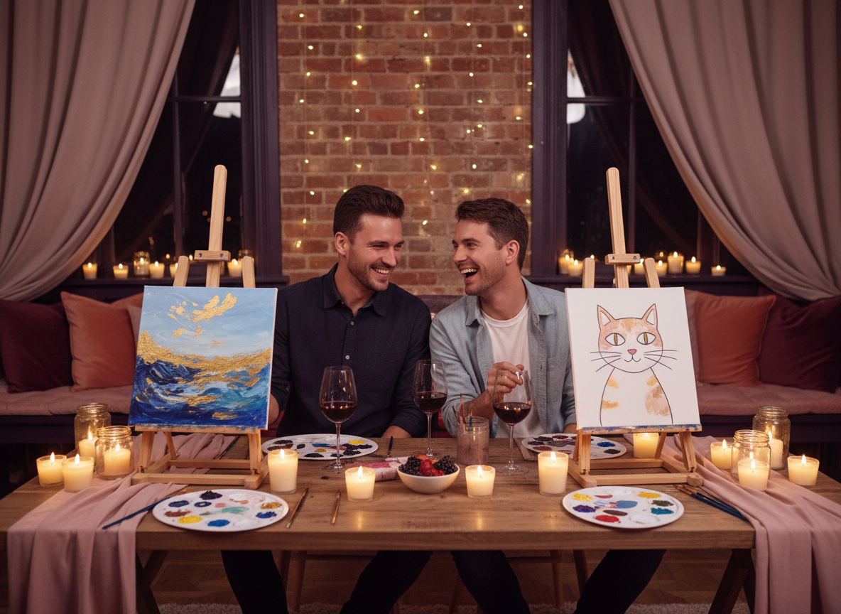 Couple painting side by side at a romantic date night paint session