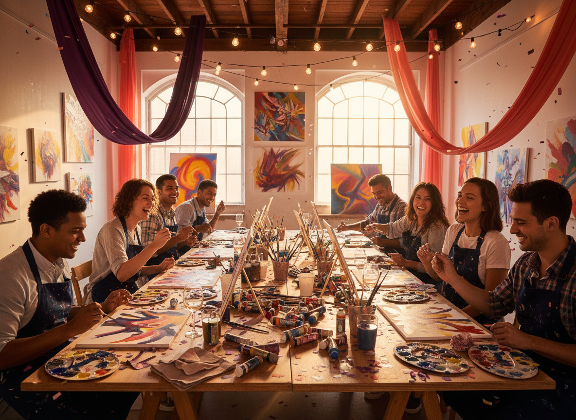 Group of friends laughing and painting together at a festive paint party studio