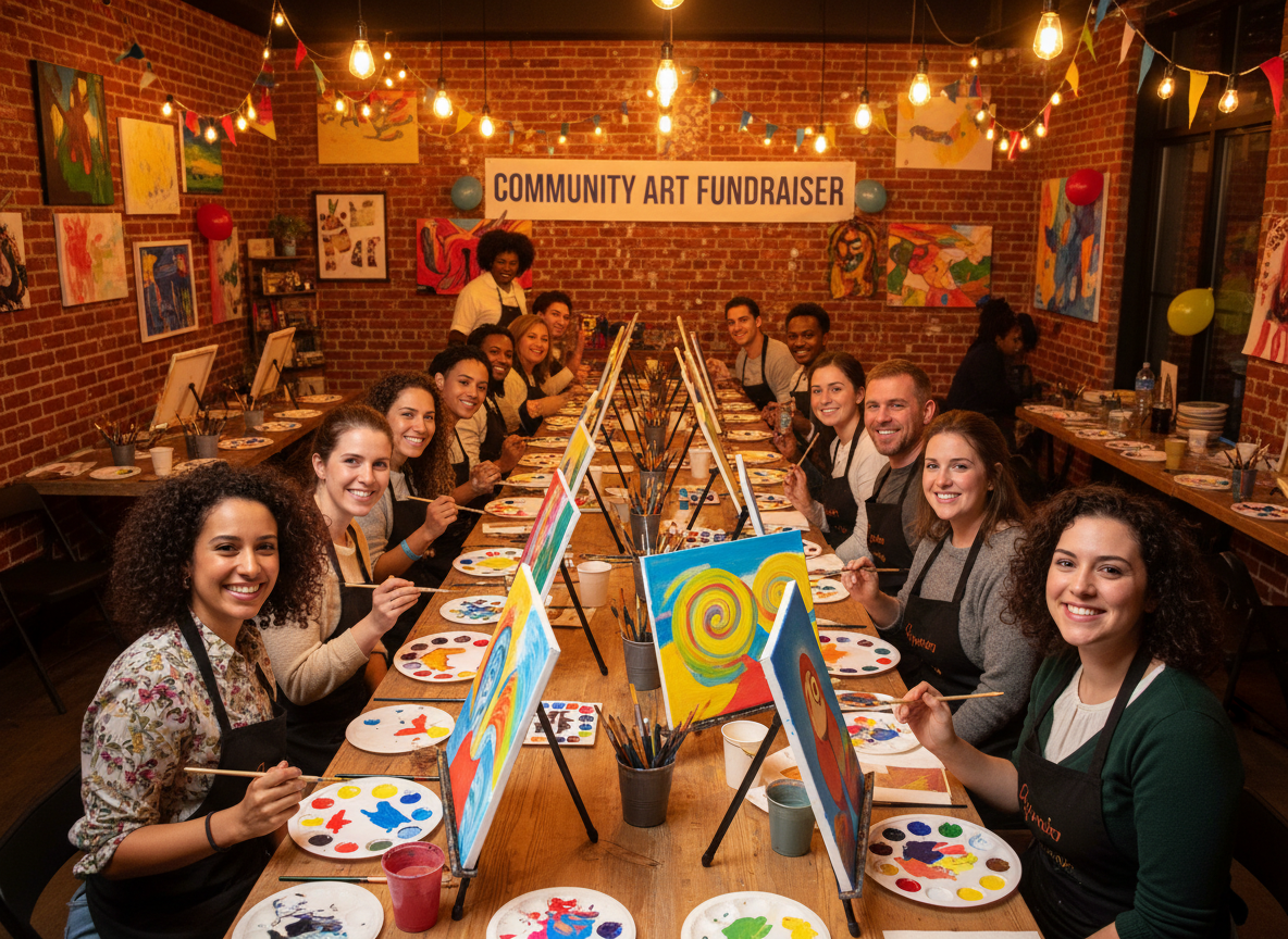 Community fundraiser paint party with guests painting together
