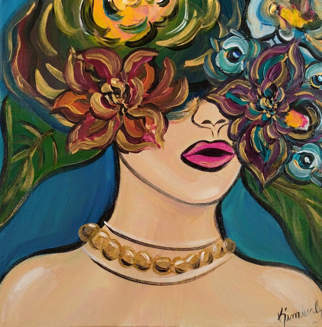 Woman's face partially hidden by flowing golden curls