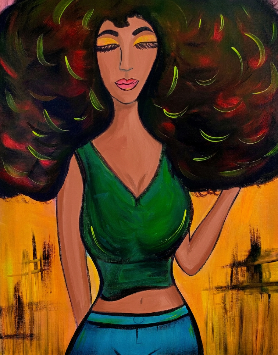 Woman with long dark hair wearing a green top against a colorful background