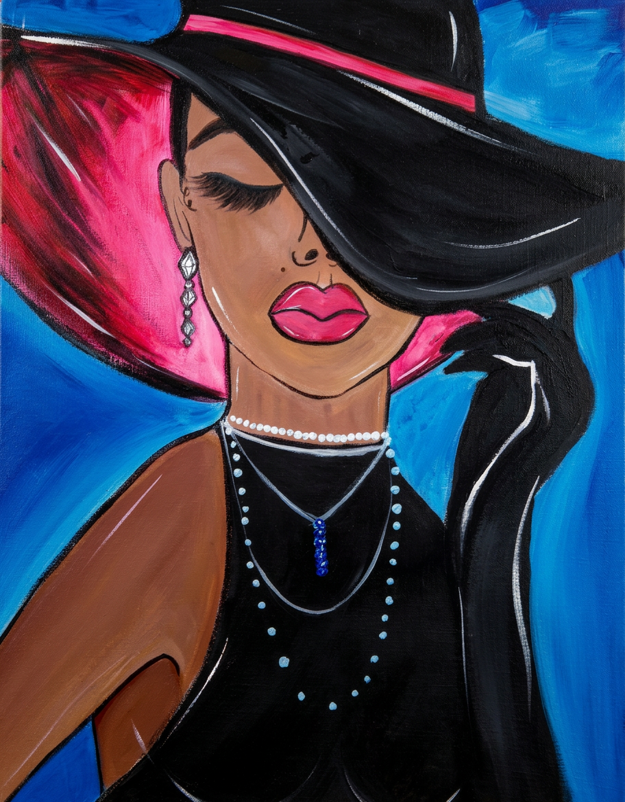 Side-profile portrait of a woman wearing a wide-brimmed black hat