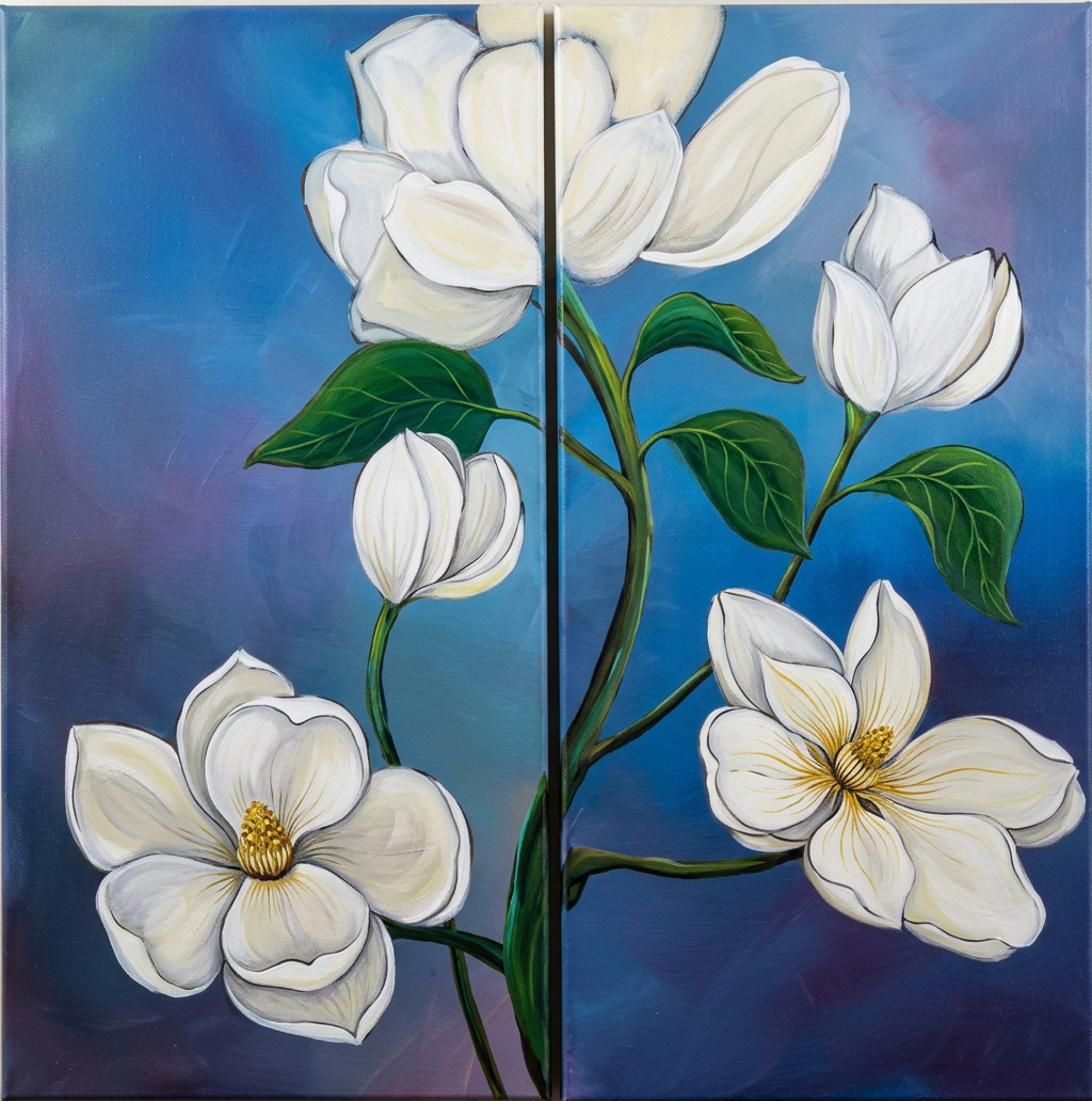 White Magnolias White magnolia flowers with green leaves against a softly blended blue and purple background