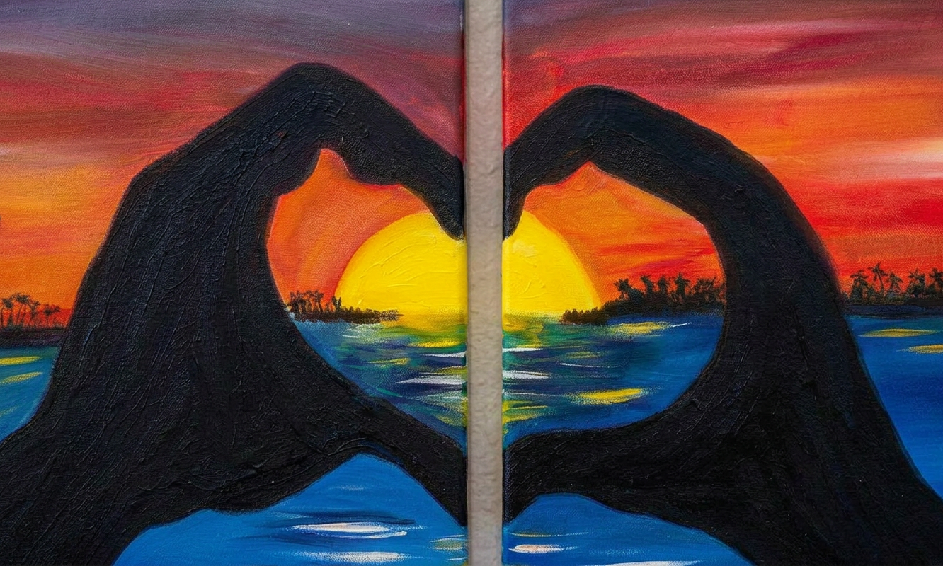Sunset Heart Two-canvas sunset painting with two hands forming a heart over reflective water