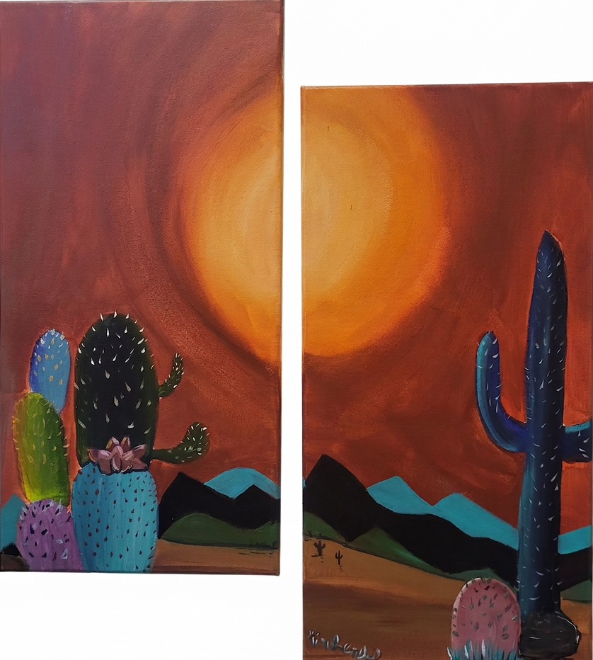 Desert Sunset Two-canvas desert sunset painting with cacti silhouetted beneath a glowing orange sun