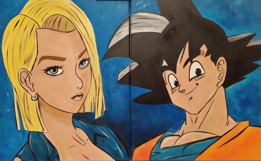 Anime Duo Anime-style painting of a blonde woman and dark-haired man facing each other against a blue background