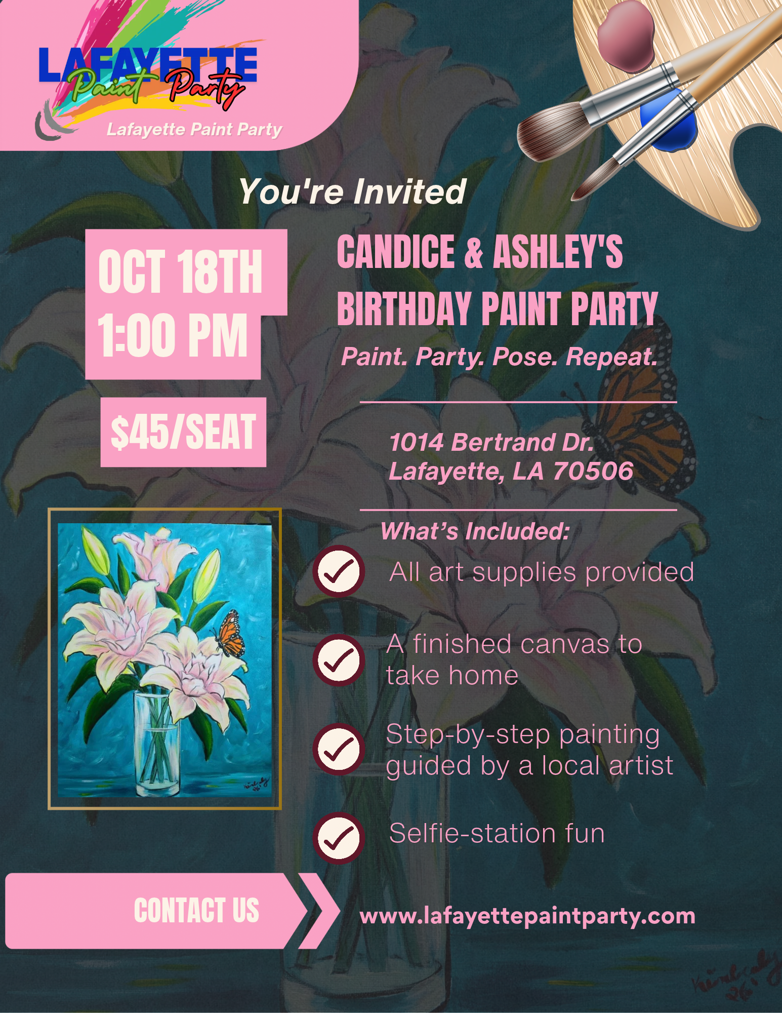 Candice & Ashley's Birthday Paint Party flyer – October 18th, 1:00 PM, $45 per seat at Lafayette Paint Party