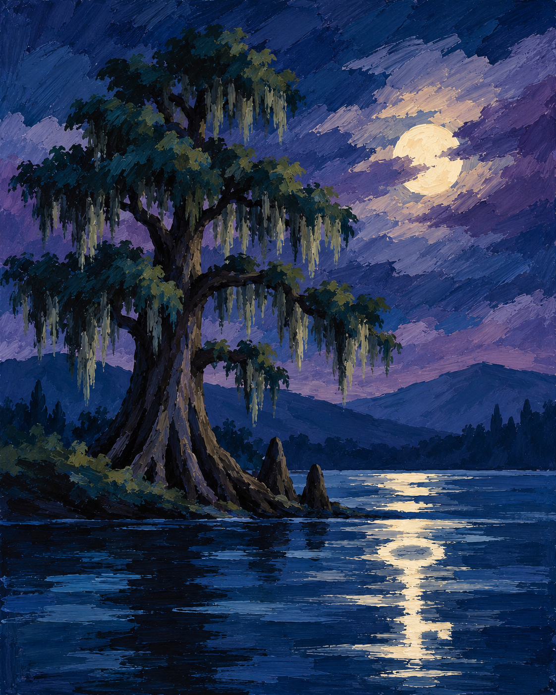 Moonlit cypress tree over water at night - The Last Brushstroke painting